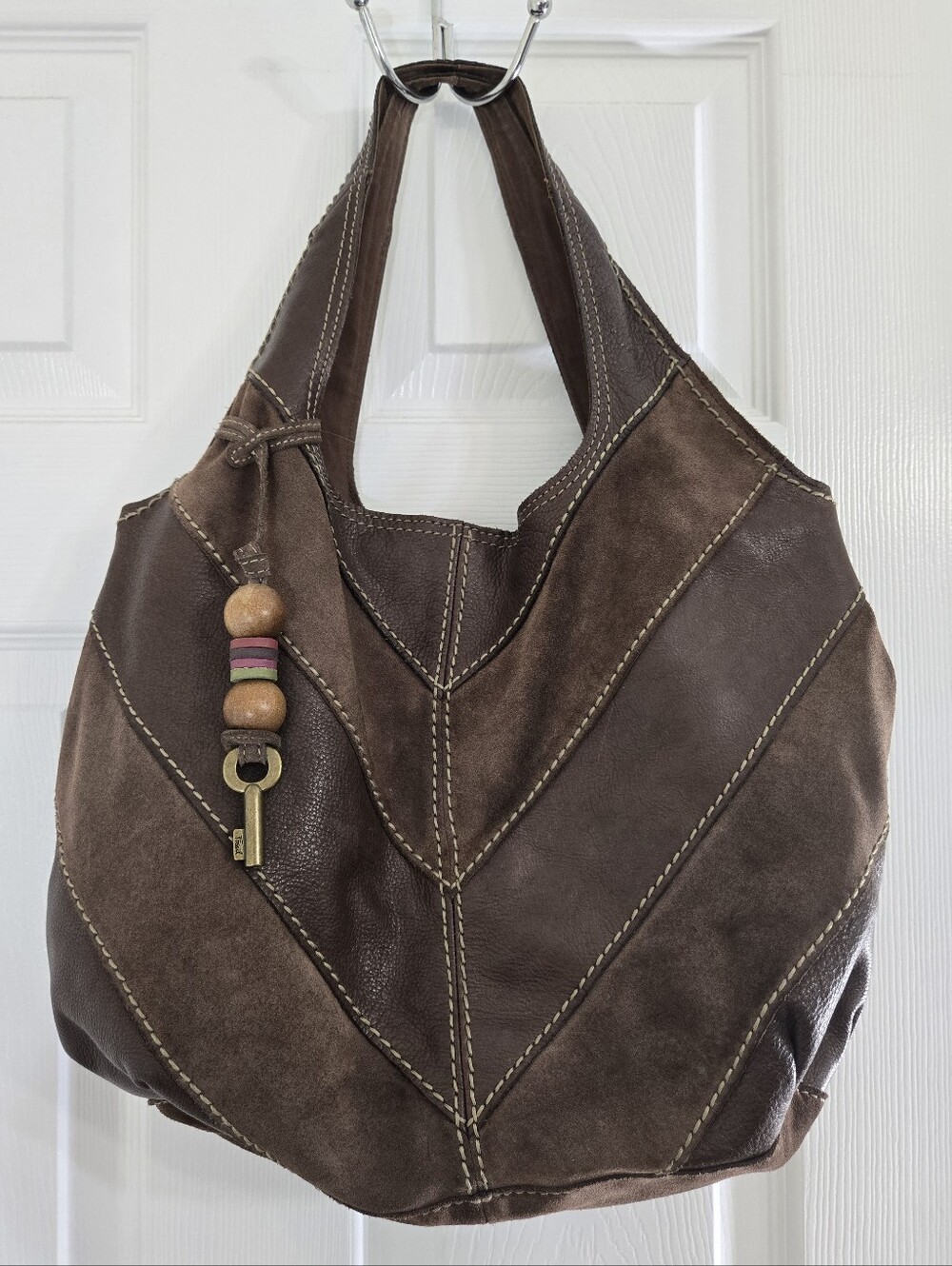 Fossil Brown Leather/Suede Patchwork Hobo Shoulder Bag w/Beaded Key Charm